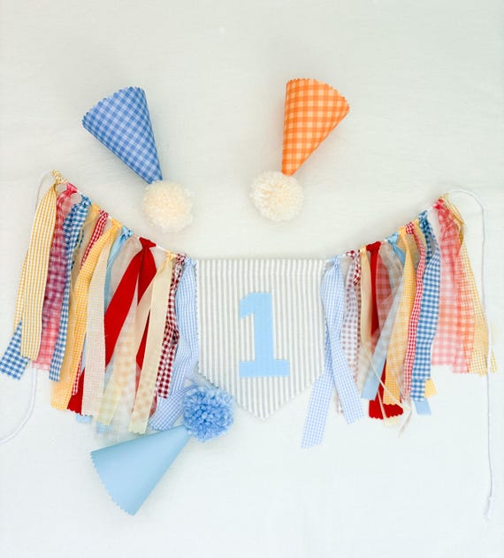 Tan Linen fabric Custom “ONE" High Chair Banner, Gingham Ribbon Garland, gingham blue earth tones primary colors First Birthday Decor