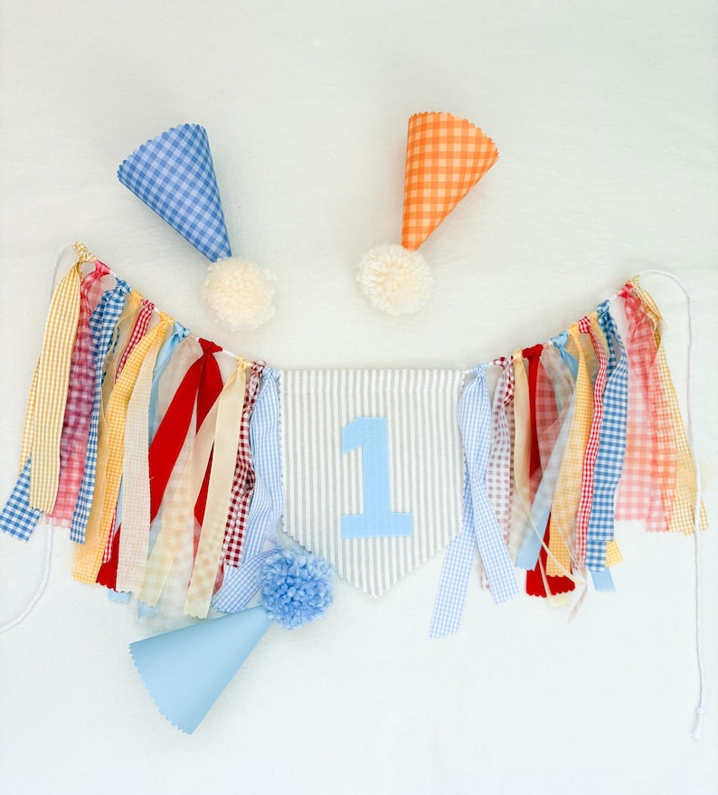 Tan Linen fabric Custom “ONE" High Chair Banner, Gingham Ribbon Garland, gingham blue earth tones primary colors First Birthday Decor image 1