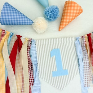 Tan Linen fabric Custom “ONE" High Chair Banner, Gingham Ribbon Garland, gingham blue earth tones primary colors First Birthday Decor image 4