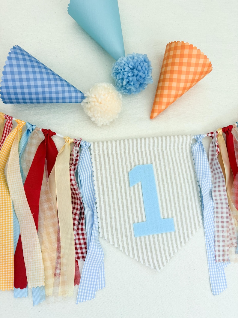 Tan Linen fabric Custom “ONE" High Chair Banner, Gingham Ribbon Garland, gingham blue earth tones primary colors First Birthday Decor image 4