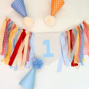 Tan Linen fabric Custom “ONE" High Chair Banner, Gingham Ribbon Garland, gingham blue earth tones primary colors First Birthday Decor image 3