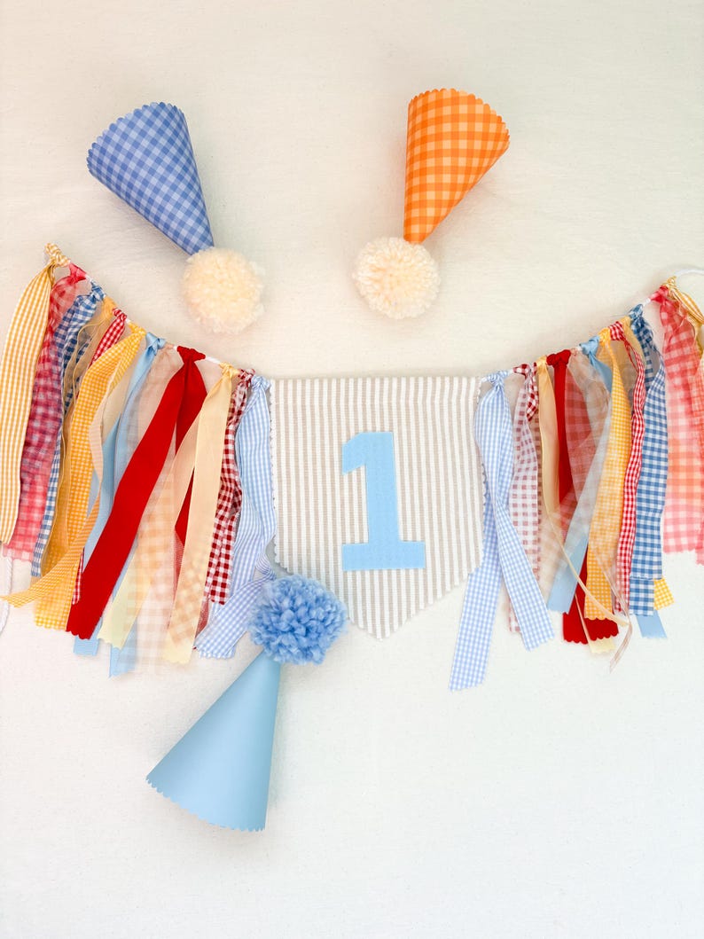 Tan Linen fabric Custom “ONE" High Chair Banner, Gingham Ribbon Garland, gingham blue earth tones primary colors First Birthday Decor image 3