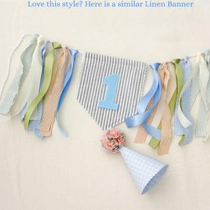 Tan Linen fabric Custom “ONE" High Chair Banner, Gingham Ribbon Garland, gingham blue earth tones primary colors First Birthday Decor image 8