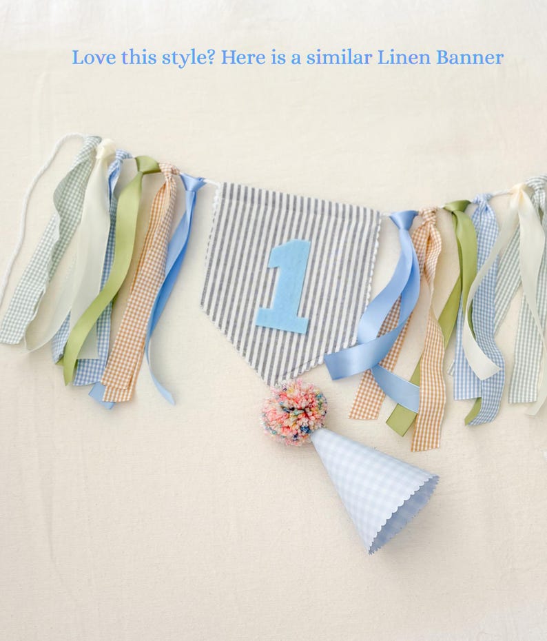 Tan Linen fabric Custom “ONE" High Chair Banner, Gingham Ribbon Garland, gingham blue earth tones primary colors First Birthday Decor image 8