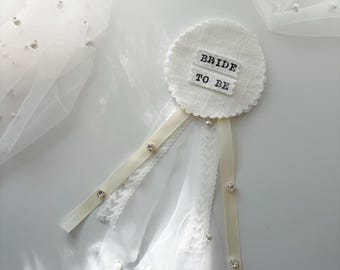 Bride to Be Linen Pin | Bridal Bachelorette Party Badge | Handmade Bride Pin | White Linen Bridal Accessory