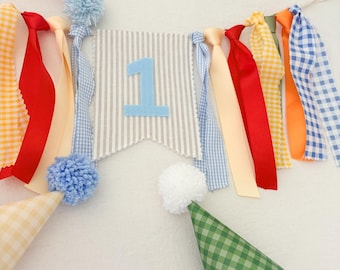 Linen neutral bright primary colorful  boy first birthday party decor Fun to be One linen boys high chair banner