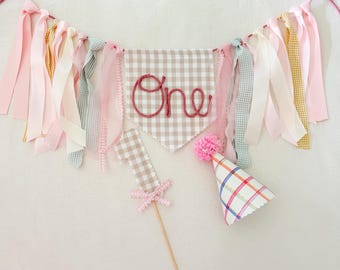 Handmade Gingham "ONE" Pink Cord High Chair Banner, First Birthday Decor gingham yellow Pink Green Tan Boho