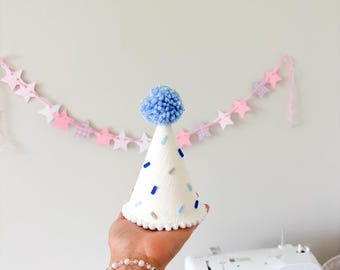 Blue funfetti White Linen Confetti Party Hat: Boy Pom Pom Cake Smash Headwear, Baby Birthday Headband confetti sprinkle party hat