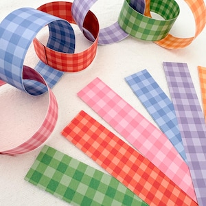 May include: A collection of paper strips featuring a multi-colored gingham pattern in shades of red, blue, green, orange, purple, and pink. Some strips are formed into interlocking circular paper chains, while others remain flat and straight.
