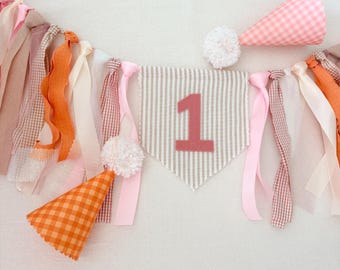 Dusty Pink Linen fabric Custom “ONE" High Chair Banner, Gingham Ribbon Garland, gingham Fall girl high chair banner  First Birthday Decor