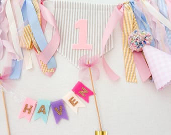 Custom First Birthday High Chair Banner, Felt Number One, Pastel Gingham Ribbons