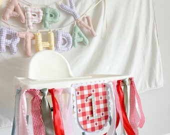 Gingham Cardstock Red Strawberry  First Birthday High Chair Banner, Berry First Birthday