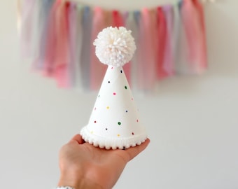 Hand painted Birthday Party Hat: Colorful Confetti Sprinkles, Pom Pom Cake Smash Headwear