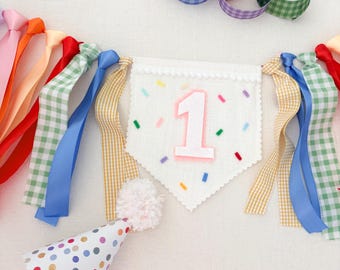 White Linen fabric Custom “ONE" High Chair Banner,, gingham  colorful tones primary colors First Birthday Decor
