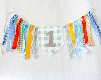 Fun to be ONE First Birthday High Chair Banner, Gingham Colorful birthday Decor