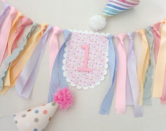 Fun to be One, pastel gingham pink high chair banner, girls just want to be one party decor Confetti Sprinkles high chair banner