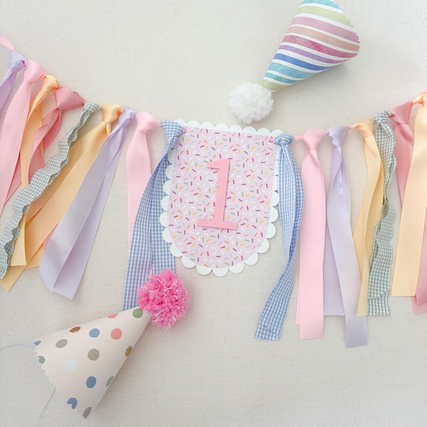 Divertido ser uno, pancarta para silla alta de cuadros rosas pastel, decoración para fiesta de niñas que solo quieren ser una pancarta para silla alta con confeti y chispas