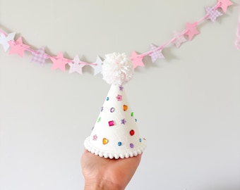 Handmade Linen Birthday Party Hat | Colorful Rhinestone Party Hat | Sparkly Birthday Crown | Kids Birthday Outfit Accessory | bedazzled hat