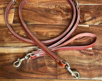 Extra Heavy Duty Double Thick Leather Leash Adjustable Length for Service, Police, and Training with Solid Brass Hardware. Made In America