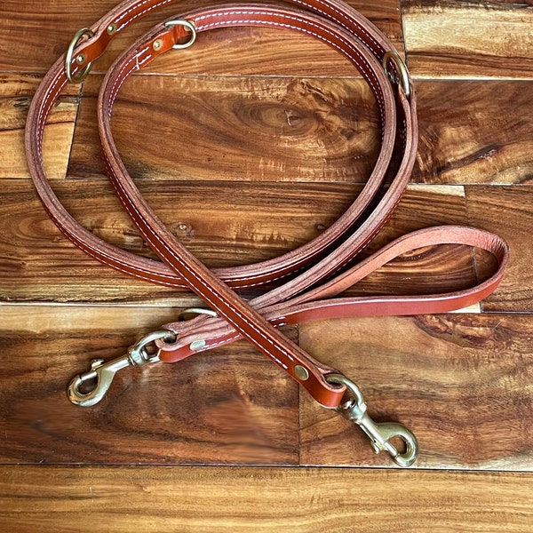 Extra Heavy Duty Double Thick Leather Leash Adjustable Length for Service, Police, and Training with Solid Brass Hardware. Made In America