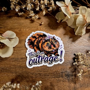 May include: A die-cut sticker featuring a fluffy orange and black tortoiseshell cat wearing a purple tiara and collar. The cat has an open mouth and wide eyes. Below the cat, the text reads This is an outrage! in bold purple letters.