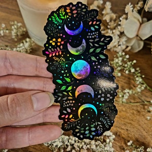 Holographic Moon Phases, Field of Wildflowers, Witchy, Night time, Magical, Enchanted Forest, Witch Moon, Vinyl Sticker Decal