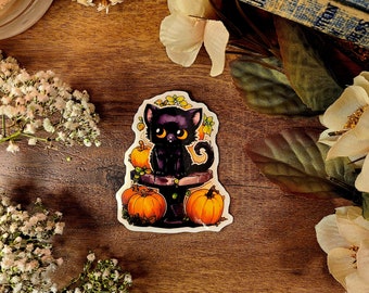 Halloween Black Cat Vinyl Sticker: Spooky Pumpkin Decor