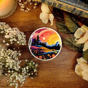 森の魔法の世界、森林、虹、野生の花の草原、月、山、ビニールステッカーデカール