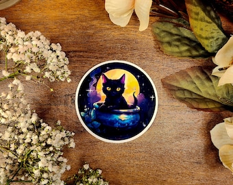 Spooky Black Cat Cauldron Vinyl Sticker - Halloween Decor