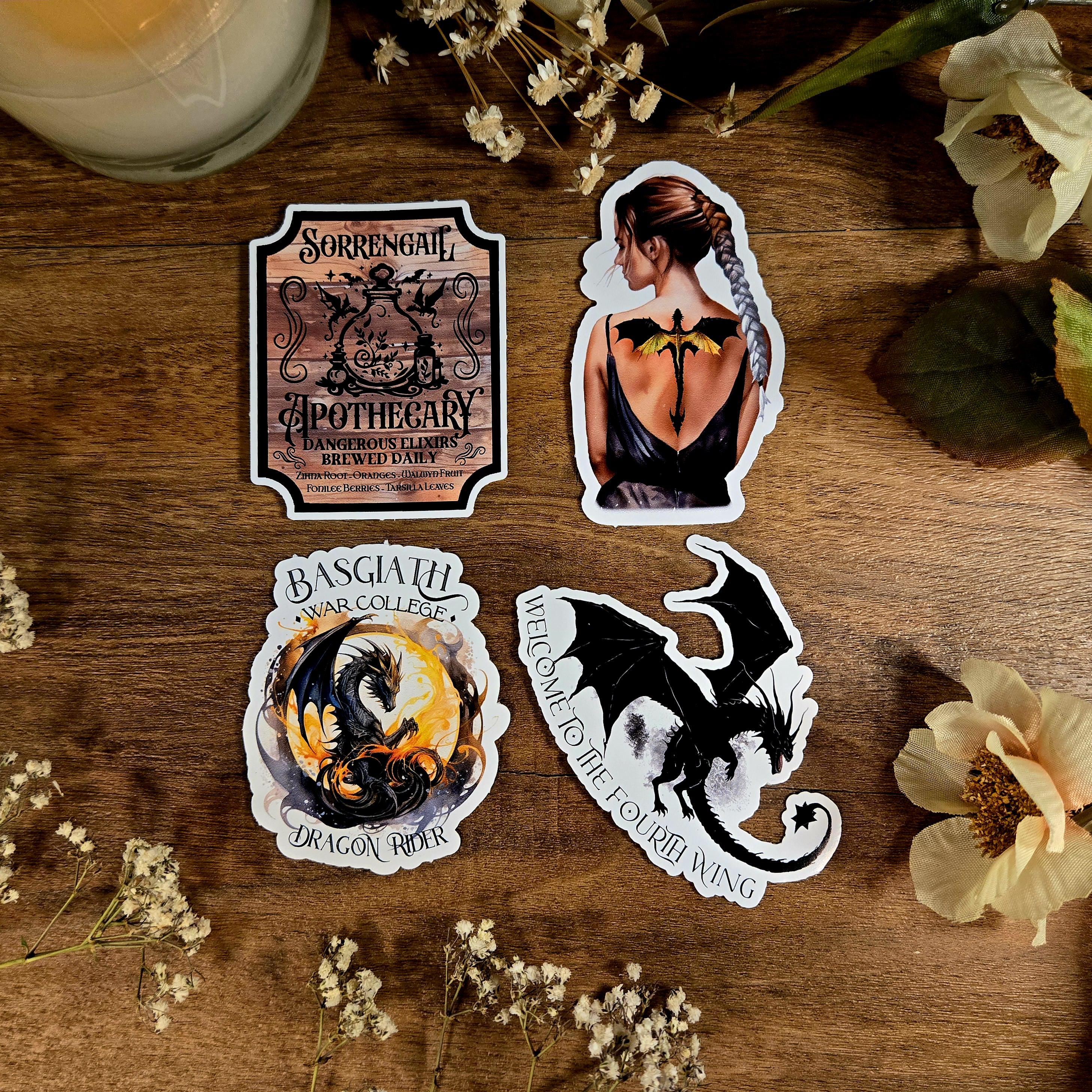 Fourth Wing Vinyl Sticker Set: Sorrengail Apothecary, Dragon Relic