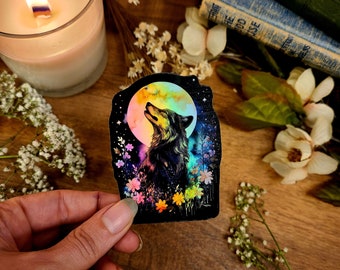 Lobo holográfico aullando, campo de flores silvestres, mágico, lobos, bosque encantado, pegatina de vinilo