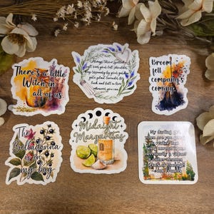 May include: Six decorative stickers featuring watercolor illustrations and text. Designs include a jar with 'There's a little Witch in all of us', a salt shaker with herbal advice, a broom with 'Broom fell, company's coming', belladonna, 'Midnight Margaritas', and a quote.