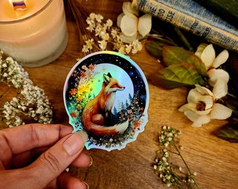 Holographic Fox With Moon and Flowers, Field of Wildflowers, Magical, Enchanted Woods, Vinyl Sticker Decal