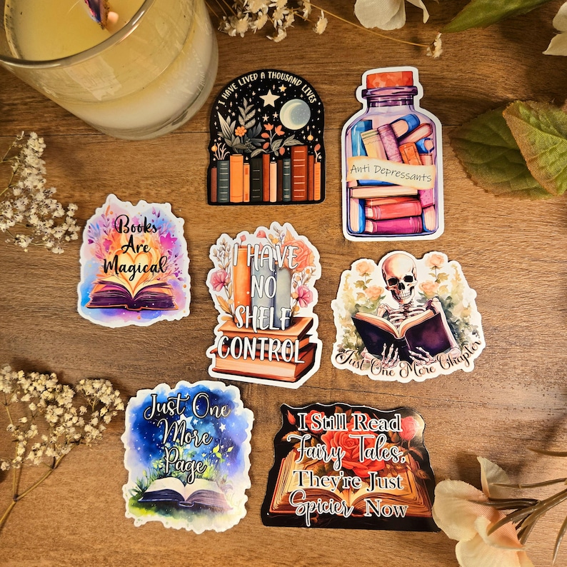 May include: Set of 7 colorful book-themed stickers with various quotes about reading. The stickers feature illustrations of books, a jar of books, a skeleton reading a book, and flowers.