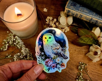 Holographic Owl Vinyl Sticker: Enchanted Forest, Wildflowers