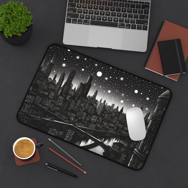 Noir Cityscape Gaming Desk Mat - Gaming Mouse Pad XL, Black and White, Desk Pad