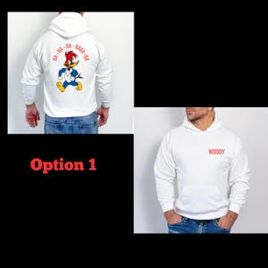 mens long sleeve pullover hoodie sweatshirt with woody the woodpecker with muscles smoking a cigar behind the image of woody is woody woody woody, mens clothing, woody the woodpecker, cartoons