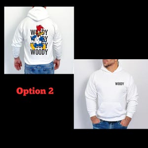 mens long sleeve pullover hoodie sweatshirt with woody the woodpecker with muscles smoking a cigar behind the image of woody is woody woody woody, mens clothing, woody the woodpecker, cartoons