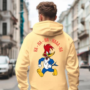 mens long sleeve pullover hoodie sweatshirt with woody the woodpecker with muscles smoking a cigar behind the image of woody is woody woody woody, mens clothing, woody the woodpecker, cartoons