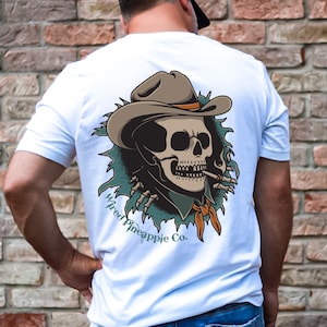 Western Smokin Cowboy T-Shirt/Men&#39;s Clothing/Tee/Shirt/Skeleton/Western