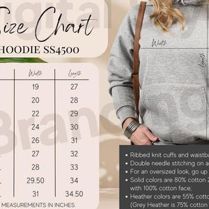 May include: Size chart for a hoodie with measurements in inches. The chart shows the width and length of the hoodie in inches for sizes XS to 5XL. The hoodie is gray and has ribbed knit cuffs and waistband. The text "HOODIE SS4500" is at the top of the chart.