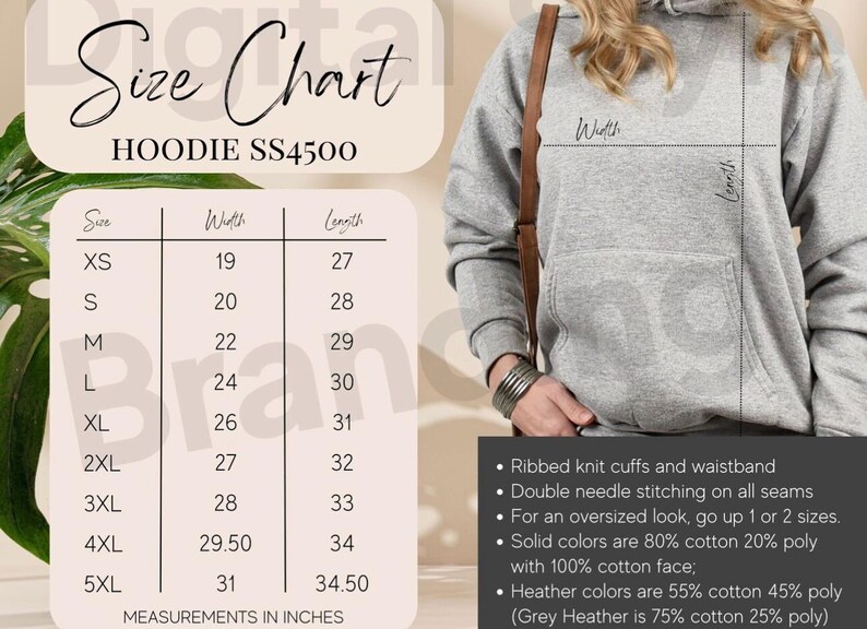 May include: Size chart for a hoodie with measurements in inches. The chart shows the width and length of the hoodie in inches for sizes XS to 5XL. The hoodie is gray and has ribbed knit cuffs and waistband. The text "HOODIE SS4500" is at the top of the chart.