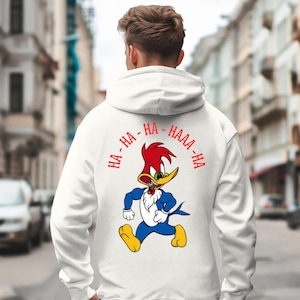 mens long sleeve pullover hoodie sweatshirt with woody the woodpecker with muscles smoking a cigar behind the image of woody is woody woody woody, mens clothing, woody the woodpecker, cartoons