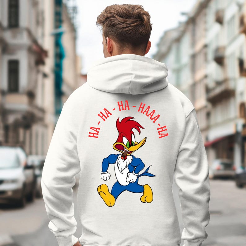 mens long sleeve pullover hoodie sweatshirt with woody the woodpecker with muscles smoking a cigar behind the image of woody is woody woody woody, mens clothing, woody the woodpecker, cartoons