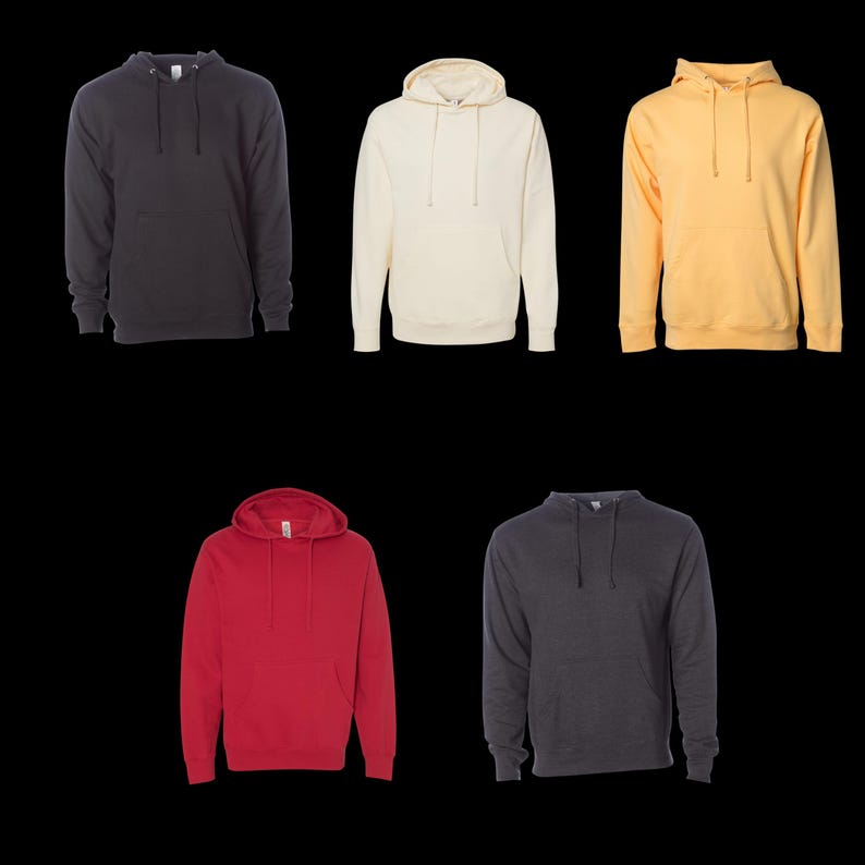 May include: Five hooded sweatshirts in different colors: black, cream, yellow, red, and gray. The sweatshirts have a drawstring hood and a kangaroo pocket.