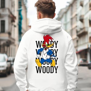 mens long sleeve pullover hoodie sweatshirt with woody the woodpecker with muscles smoking a cigar behind the image of woody is woody woody woody, mens clothing, woody the woodpecker, cartoons