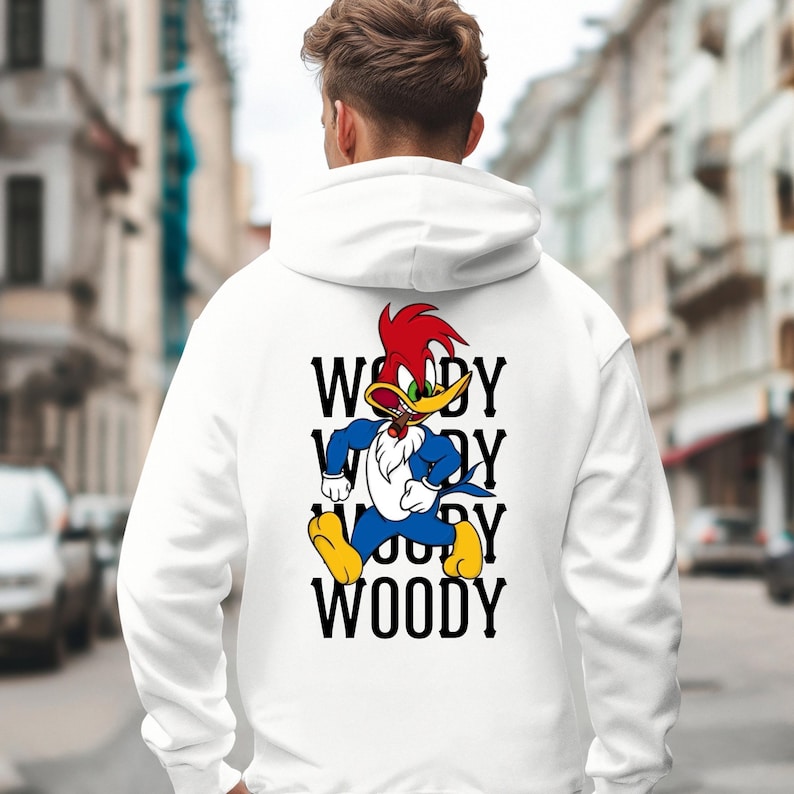 mens long sleeve pullover hoodie sweatshirt with woody the woodpecker with muscles smoking a cigar behind the image of woody is woody woody woody, mens clothing, woody the woodpecker, cartoons