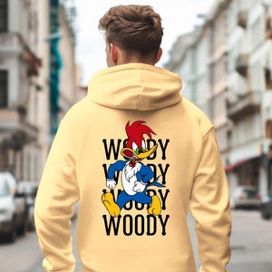 mens long sleeve pullover hoodie sweatshirt with woody the woodpecker with muscles smoking a cigar behind the image of woody is woody woody woody, mens clothing, woody the woodpecker, cartoons
