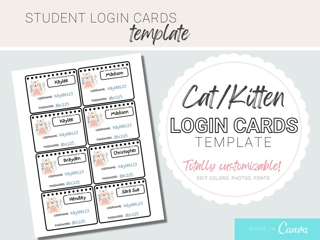 Cat Kitten Student Login Cards Login Cards for Students and Teachers - Etsy
