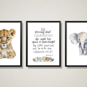 5x7 Safari animals nursery prints, digital download, bible verse print, Christian wall art, home decor, Be strong and courageous Joshua 1:9